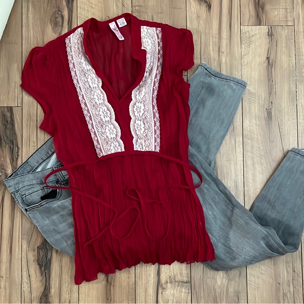 Y2K crinkle sheer  V-Neck Blouse with Waist Tie